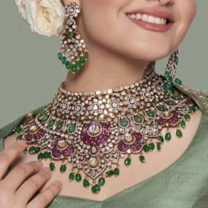 Bridal Choker Necklace Set with Ruby and Emerald