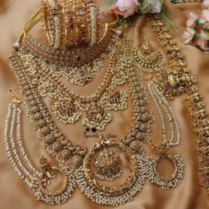 Grand Pearl cluster pancha lakshmi carved bridal set